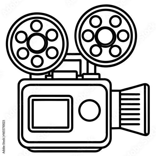 A black and white line drawing of an old fashioned film camera with two reels on the top side view "svg"