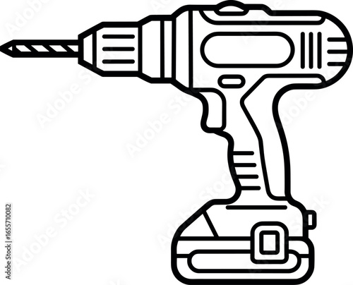 Detailed line drawing of a modern cordless electric power drill with a battery pack
