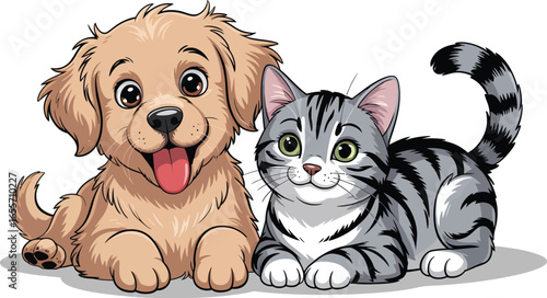 Playful Pals Cute Dog and Cat Together Forever in Harmony Illustration