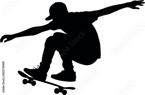 Dynamic silhouette of a skateboarder performing an aerial trick against a white background