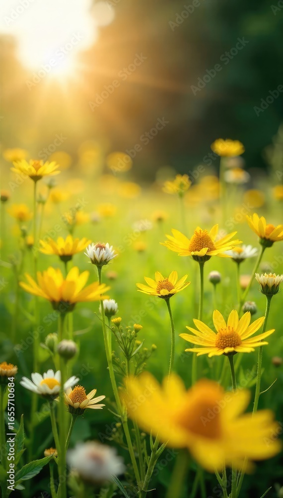 Fototapeta premium Golden Wildflowers Swaying in a Sun-Drenched Meadow A Tranquil Summer Scene of Vibrant Natural Beauty, Ideal for Idyllic Backgrounds and Peaceful Imagery.