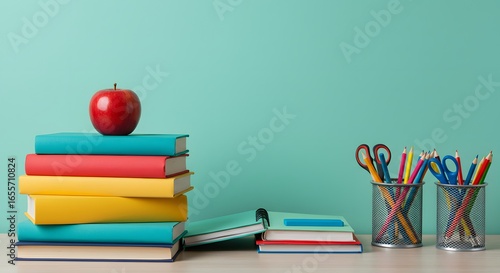 Wallpaper Mural Colorful School Supplies Arrangement with Apple on Books for Back to School Vibes and Learning Inspiration Torontodigital.ca