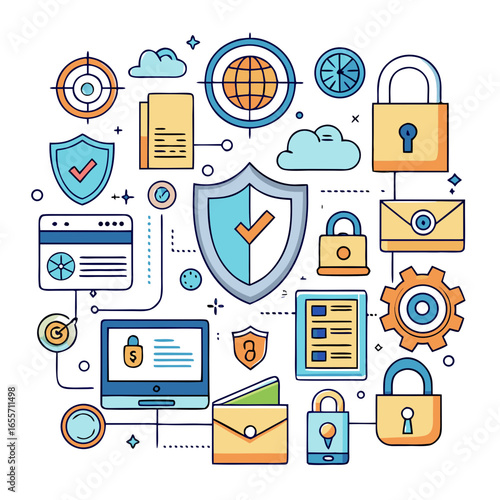 A modern vector icon sheet featuring cybersecurity elements like locks, shields, encryption, and networks in a sleek, flat, and tech-inspired style.