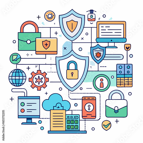 A modern vector icon sheet featuring cybersecurity elements like locks, shields, encryption, and networks in a sleek, flat, and tech-inspired style.