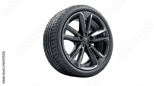 A modern black car tire with alloy rim, minimalistic product presentation style, shown neatly on smooth white background 