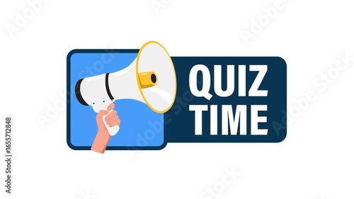 Hand Holding Megaphone Announcing Quiz Time on White and Green Screen