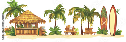 Tropical beach tiki bar with straw roof hut, bamboo counter, palm trees, wooden bench, tropical plants, and colorful surfboards in flat minimalist style vector