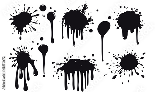 Set of black ink splatters and drips isolated on white background with various shapes of paint stains and liquid blot drops vector illustration