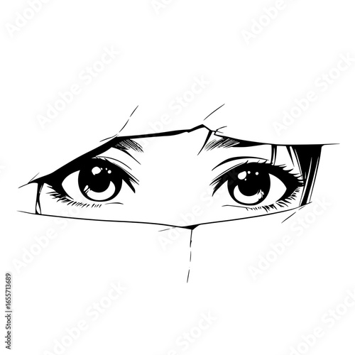 Close up manga anime girl eyes peeking through torn paper black and white vector illustration isolated minimalistic style