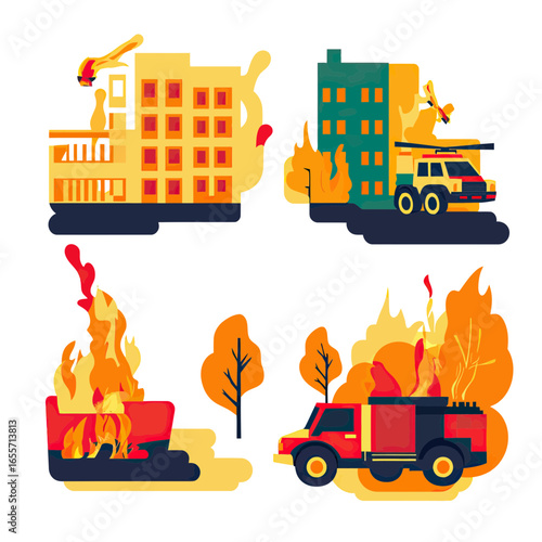 Urban fire emergencies with burning buildings, firetruck and firefighting action in flat minimalist vector style illustration showing rescue operations and wildfire response