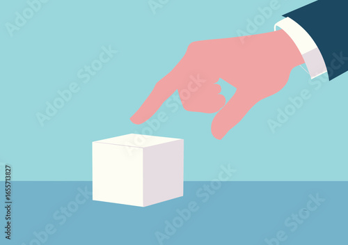 Businessman hand pointing at white cube on flat surface with shadow minimalist vector concept of decision making hesitation and uncertainty in business environment