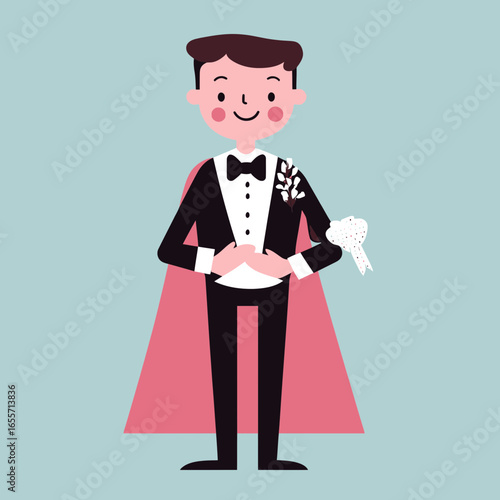 Smiling groom wearing black tuxedo with bow tie and white boutonniere holding white lace glove with pink cape on blue background flat minimalist vector illustration