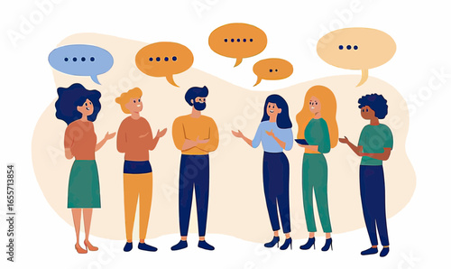 Group diverse people standing with speech bubbles conversation communication discussion interaction socializing flat vector illustration