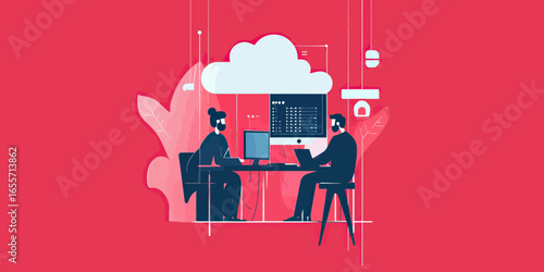 Flat vector illustration of male and female developers working on laptops under cloud computing server with digital data on screen in modern office environment