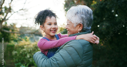 фотографія Hug, grandma and happy with child, outdoor or bonding with girl in nature, love or break on weekend