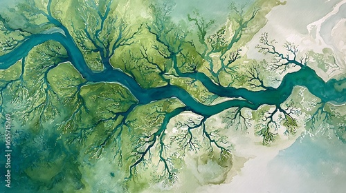 Wallpaper Mural Aerial view of a lush green delta with a winding blue river system Torontodigital.ca
