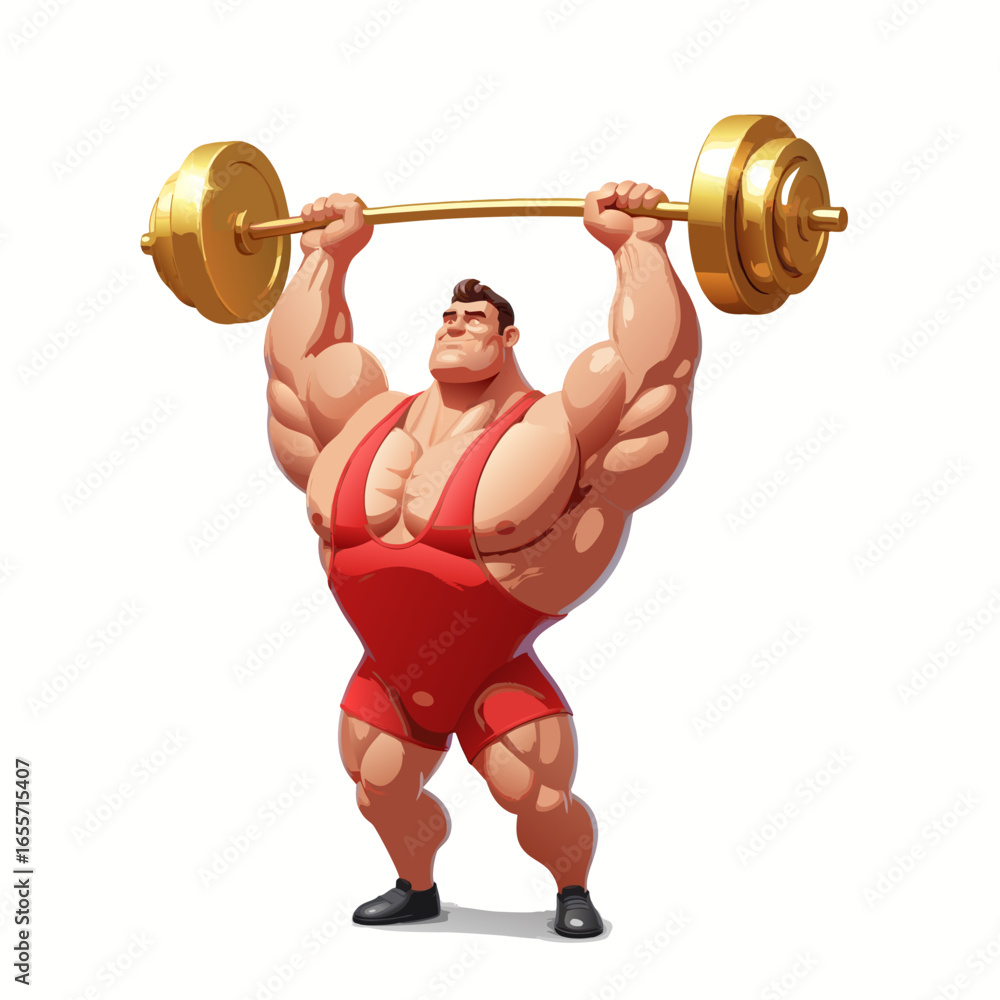 Obraz premium Strong weightlifter in red suit lifting heavy golden barbell with power pose