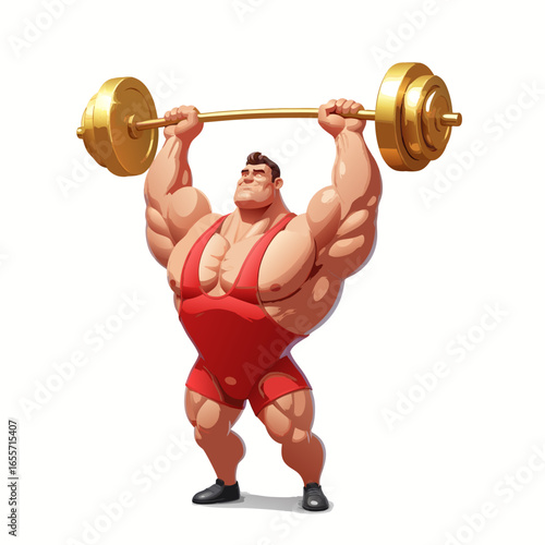 Strong weightlifter in red suit lifting heavy golden barbell with power pose