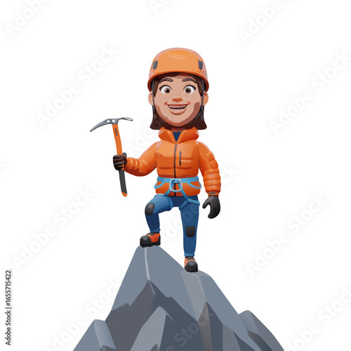 Mountain climber in orange helmet standing on snowy rock with ice axe