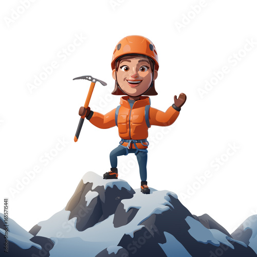 Mountain climber in orange helmet standing on snowy rock with ice axe