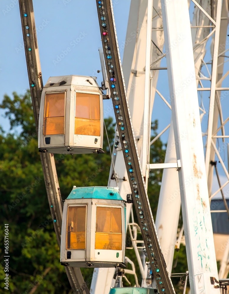 Fototapeta premium Two Ferris wheel gondolas ascend against a clear sky