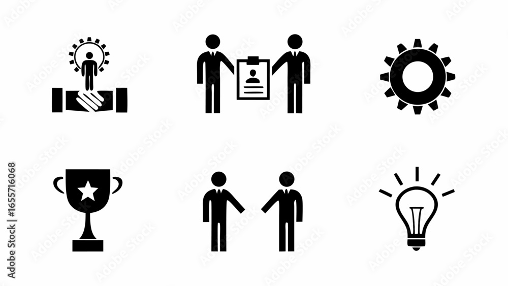 Illustration showing business concepts like handshake, recruitment, gear, trophy, discussion and idea lightbulb silhouette Illustration showing business concepts like handshake, recruitment, gear, trophy, discussion and idea lightbulb silhouette