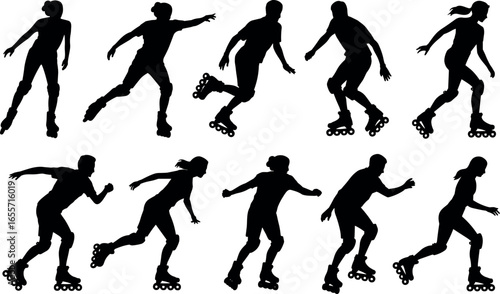 Dynamic silhouettes of rollerbladers capturing various action poses and movements