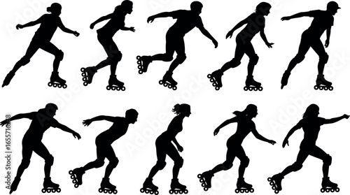 Dynamic silhouettes of people rollerblading in various action poses captured in black and white