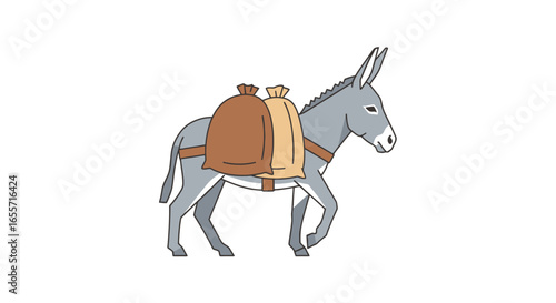 Cartoon Donkey Carrying Sacks for Educational Resources and Children's Illustrations, Depicting Animal Labor and Rural Transportation Methods