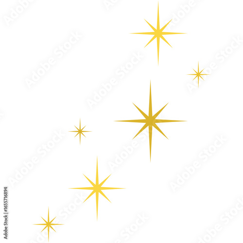 A collection of golden sparkling stars and twinkling glitter elements. Vector illustration for festive decoration and magical design concepts.
