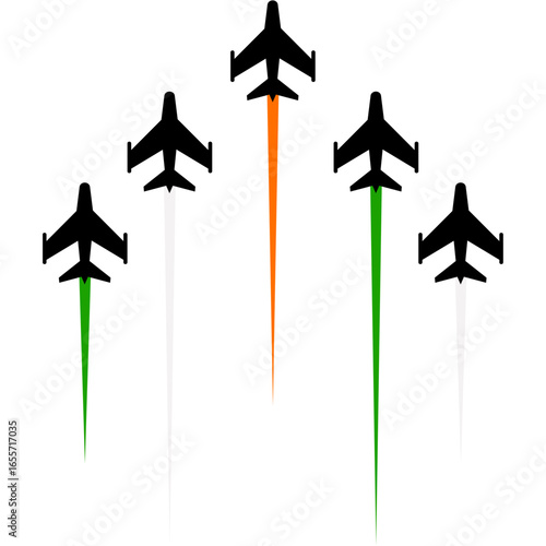 Dynamic formation flying by five sleek jets, painting the sky with vibrant colored smoke trails, symbolizing national spirit and precision in a breathtaking aerial display.