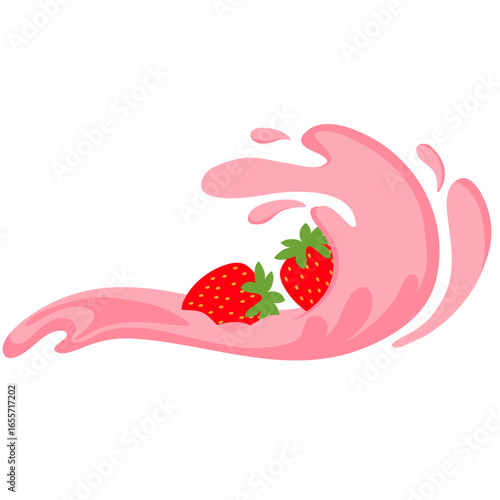 Fresh red strawberries splashing into a pink milk or yogurt wave. A vector illustration representing healthy fruit flavor and dairy.