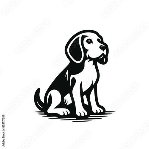Beagle Puppy Dog Sitting, Black and White Vector Illustration