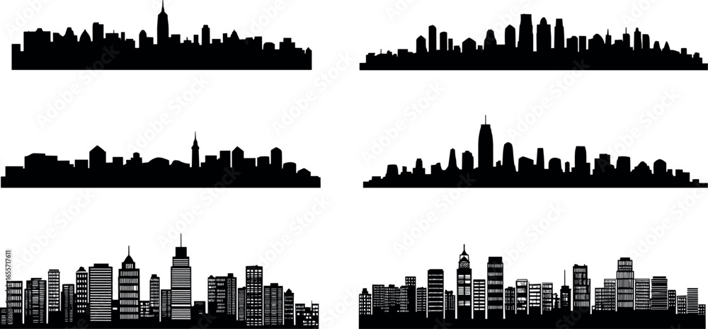Obraz premium Collection of diverse city skyline silhouettes featuring modern and classic architectural styles
