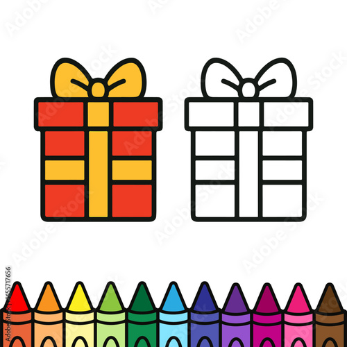 Festive Christmas gift illustration showing a wrapped present with a bow, featuring a colored and outline version. Perfect for holiday coloring, kids’ activities, and seasonal decoration ideas.