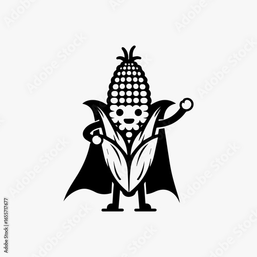 Cartoon Corn Cob Superhero with Cape and Smiling Face Black and White.