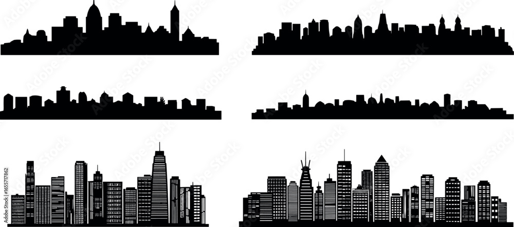 Obraz premium Collection of diverse black silhouettes of city skylines against a white background