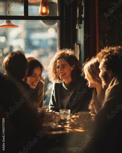 Group of happy young adults spending leisure time together in cozy cafe, enjoying conversation and laughter over coffee and snacks, bathed in warm sunlight