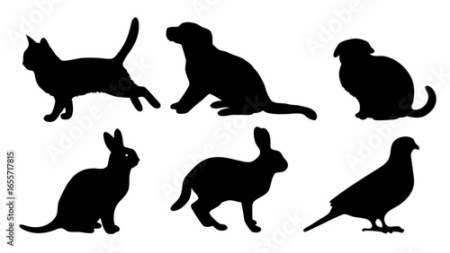 Silhouette illustration featuring a cat dog guinea pig rabbit hare and bird arranged on a white background