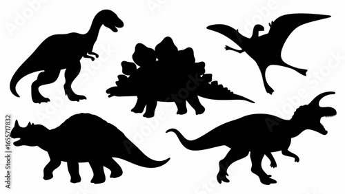 Silhouette collection of various dinosaurs including stegosaurus triceratops and pterodactyl isolated on white