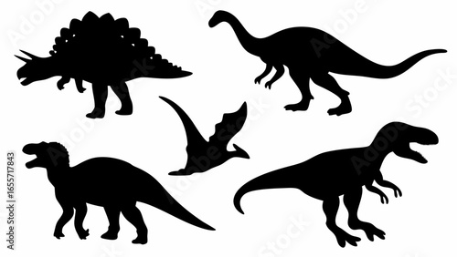 Silhouette illustration showcasing various dinosaur species including stegosaurus and tyrannosaurus rex and more