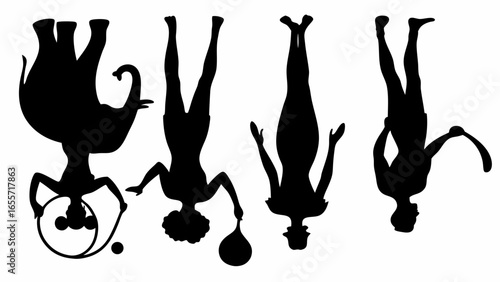 Silhouette of circus performers and an elephant doing handstands and balancing on various objects