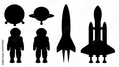 Silhouette illustration showing two astronauts two spaceships and two planets on a white background