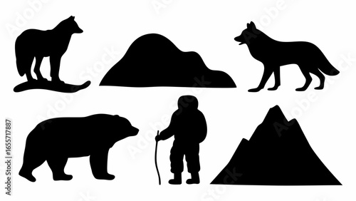 Silhouettes of wildlife and mountains showing a bear, wolf, and hiker in a mountainous landscape