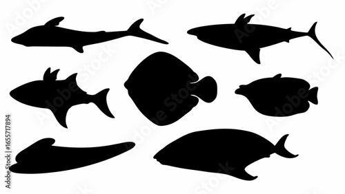 Silhouette depiction of various fish species including sharks and flatfish in a stark black and white image