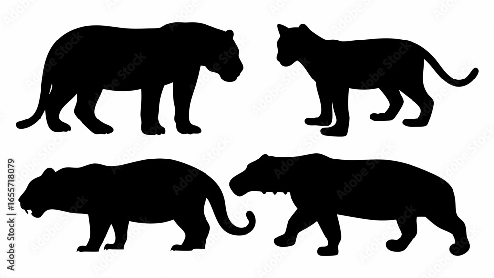 Naklejka premium Silhouettes of four different feline animals including tigers and a mountain lion in black color