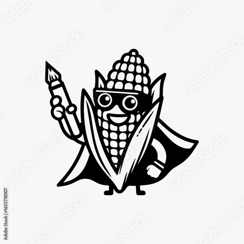 Cartoon Corn Superhero with Brush Smiling and Ready to Create Art.