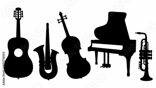 Silhouette depiction of a guitar, saxophone, violin, piano, and trumpet musical instruments ensemble