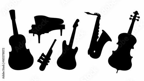 Silhouette illustration showing a variety of musical instruments including piano guitar saxophone violin and trumpet