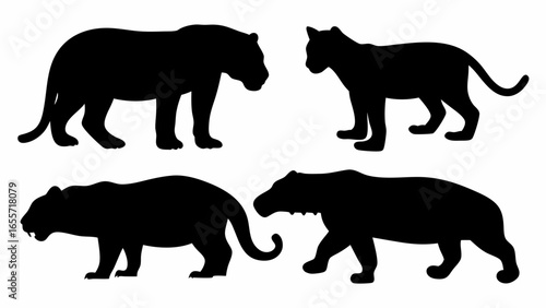 Silhouettes of four different feline animals including tigers and a mountain lion in black color